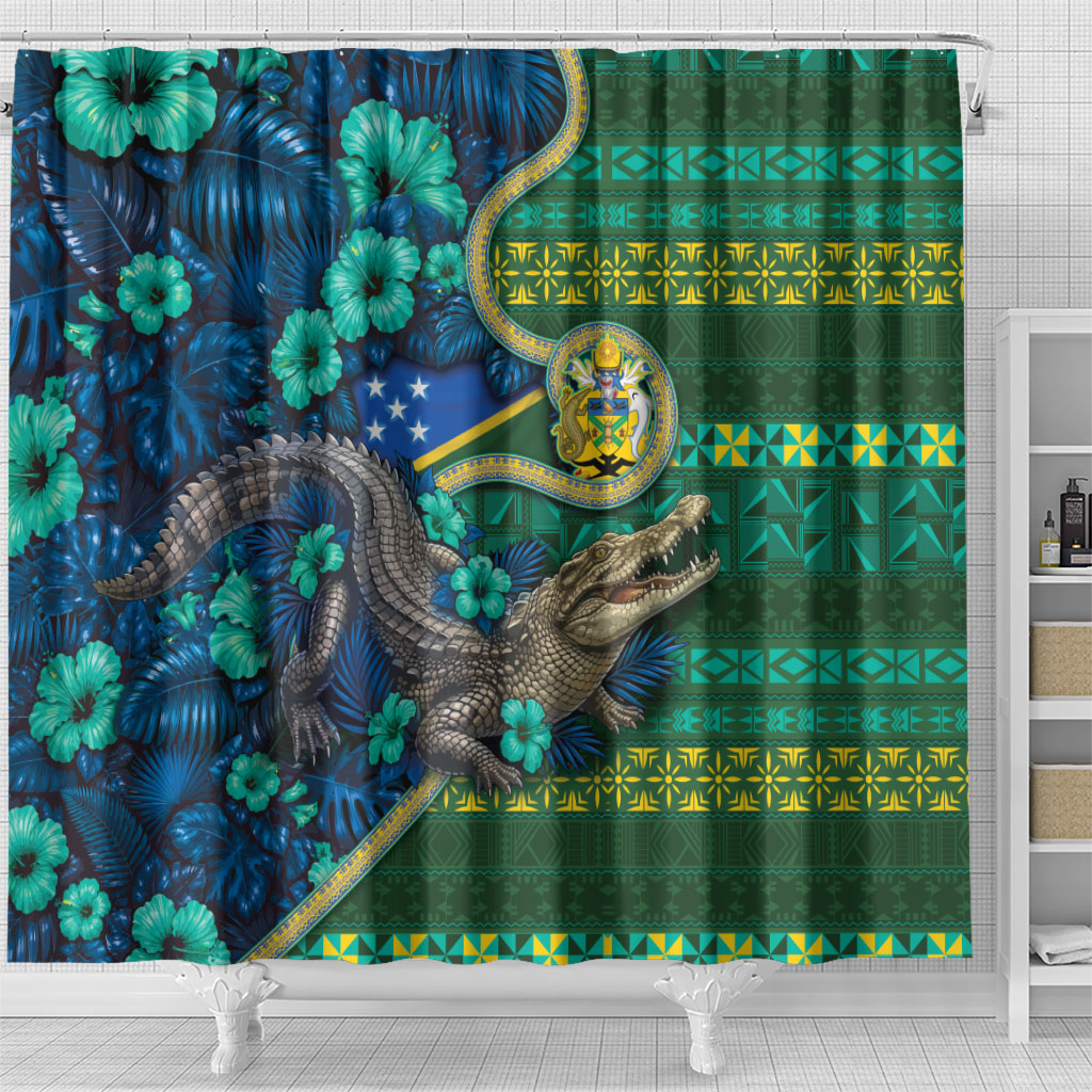 Solomon Islands Independence Day Shower Curtain Crocodile Hibiscus Tribal Pattern DT05 - Polynesian Pride