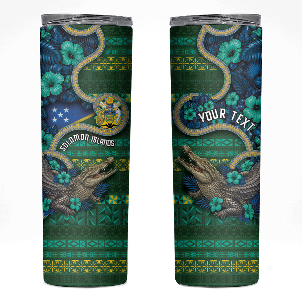 Personalised Solomon Islands Independence Day Skinny Tumbler Crocodile Hibiscus Tribal Pattern DT05 Green - Polynesian Pride