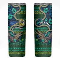 Personalised Solomon Islands Independence Day Skinny Tumbler Crocodile Hibiscus Tribal Pattern DT05 Green - Polynesian Pride