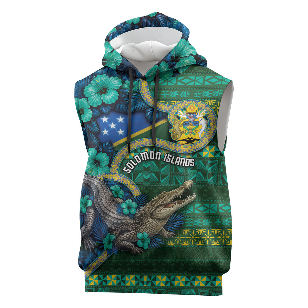 Personalised Solomon Islands Independence Day Sleeveless Hoodie Crocodile Hibiscus Tribal Pattern DT05 Green - Polynesian Pride