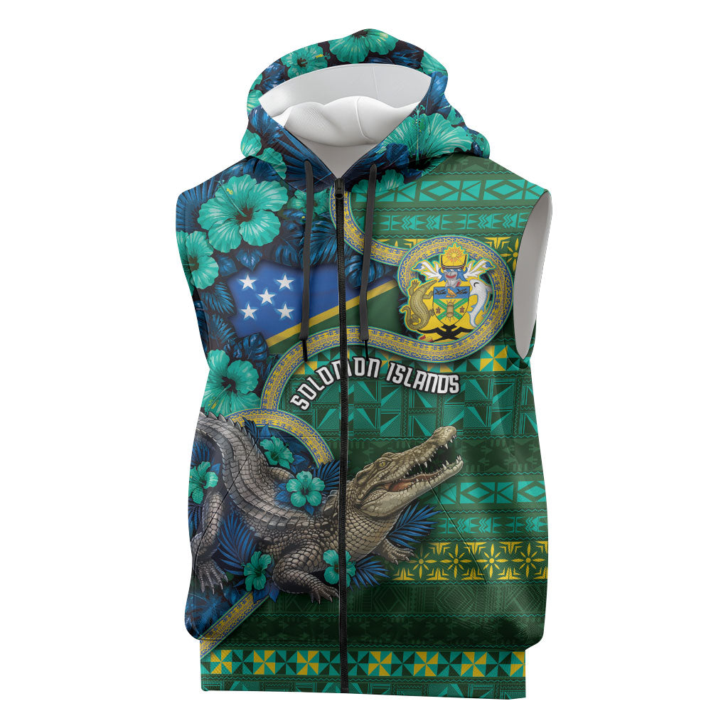 Personalised Solomon Islands Independence Day Sleeveless Zip Hoodie Crocodile Hibiscus Tribal Pattern DT05 Green - Polynesian Pride