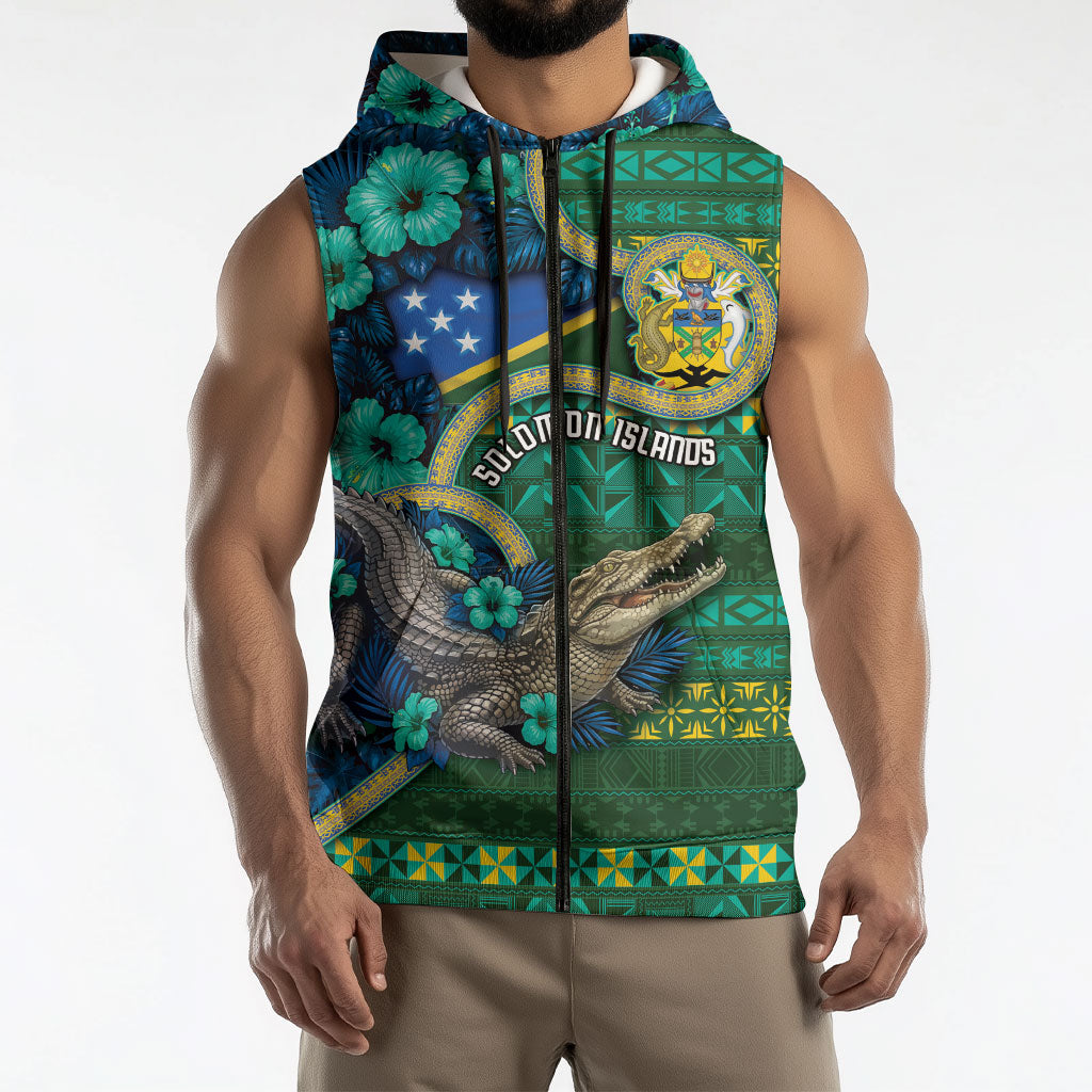 Personalised Solomon Islands Independence Day Sleeveless Zip Hoodie Crocodile Hibiscus Tribal Pattern DT05 - Polynesian Pride