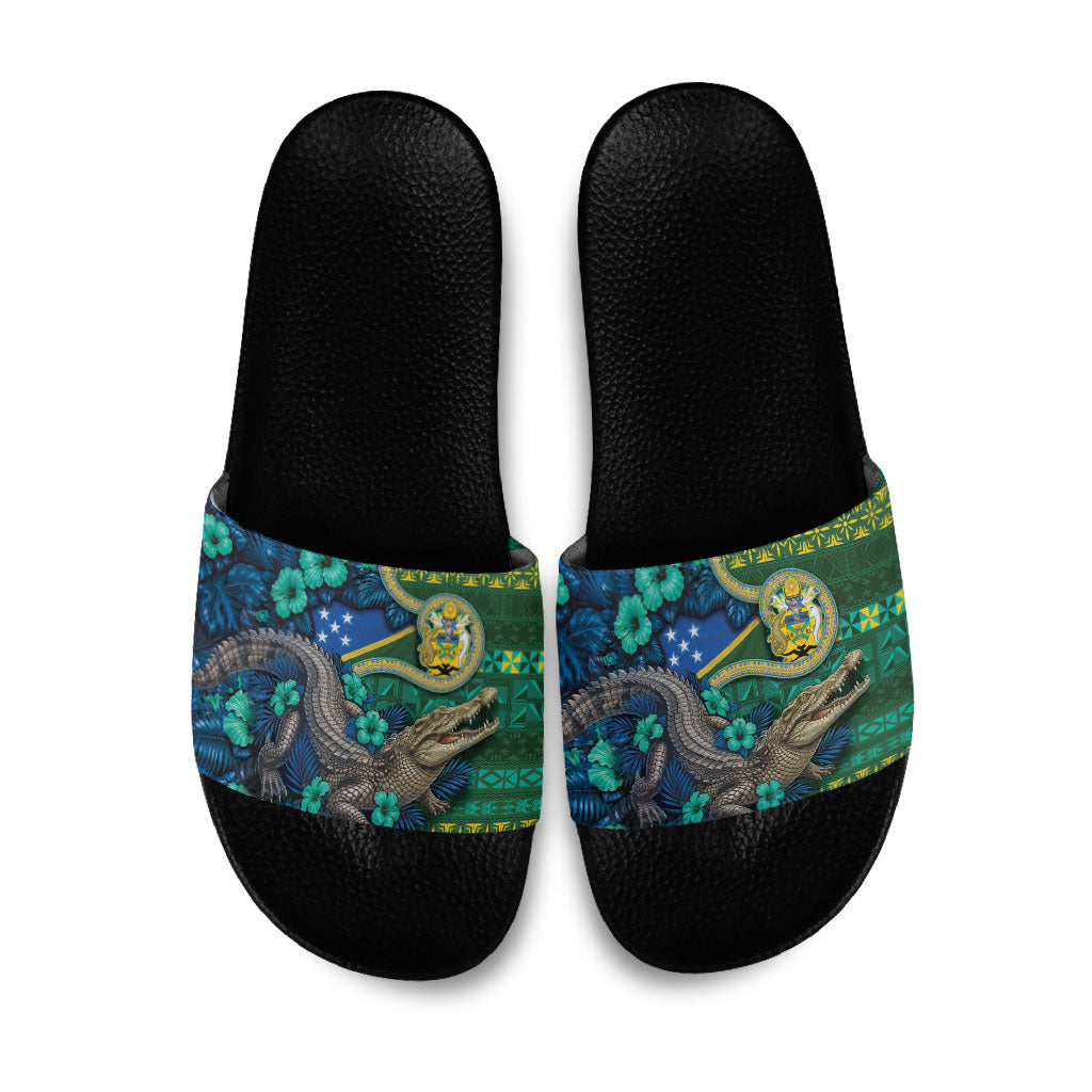 Solomon Islands Independence Day Slide Sandals Crocodile Hibiscus Tribal Pattern DT05 Green - Polynesian Pride