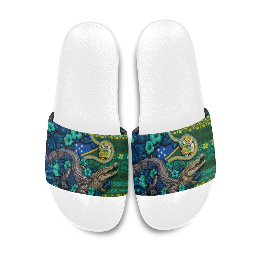 Solomon Islands Independence Day Slide Sandals Crocodile Hibiscus Tribal Pattern DT05 Green - Polynesian Pride