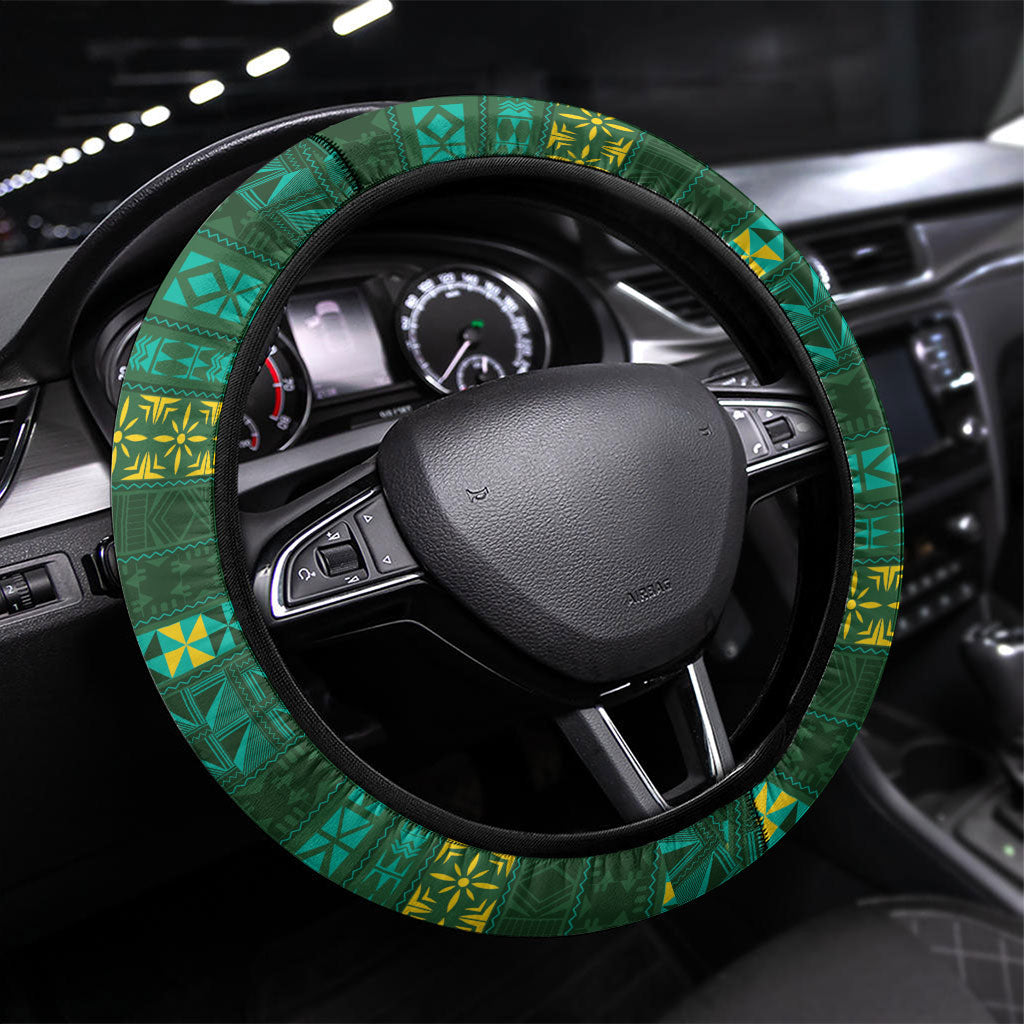 Solomon Islands Independence Day Steering Wheel Cover Crocodile Hibiscus Tribal Pattern DT05 Universal Fit Green - Polynesian Pride