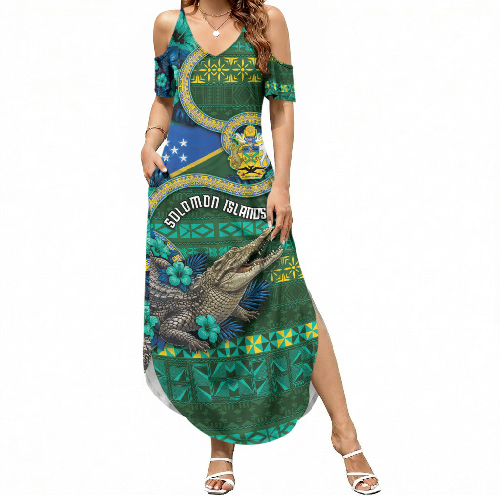 Personalised Solomon Islands Independence Day Summer Maxi Dress Crocodile Hibiscus Tribal Pattern DT05 Women Green - Polynesian Pride