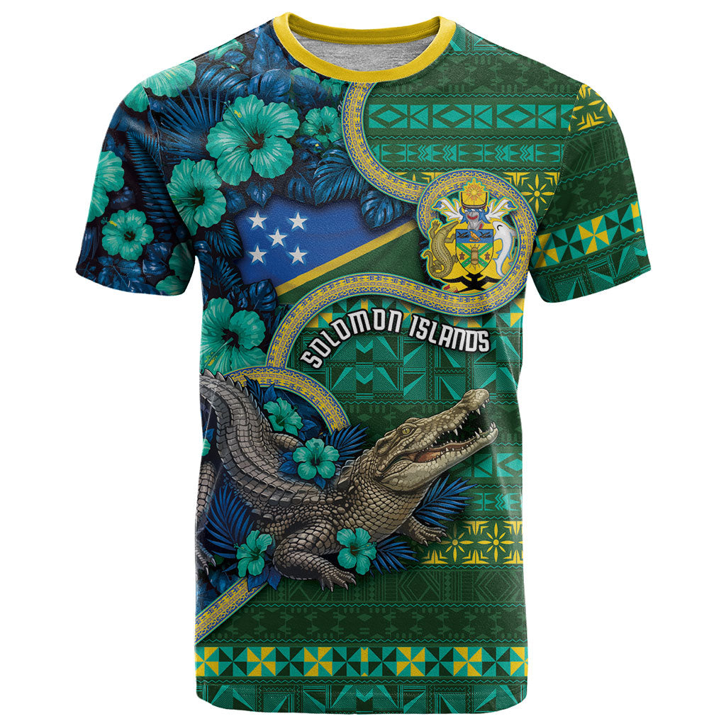 Personalised Solomon Islands Independence Day T Shirt Crocodile Hibiscus Tribal Pattern DT05 Green - Polynesian Pride