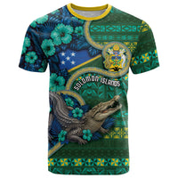 Personalised Solomon Islands Independence Day T Shirt Crocodile Hibiscus Tribal Pattern DT05 Green - Polynesian Pride