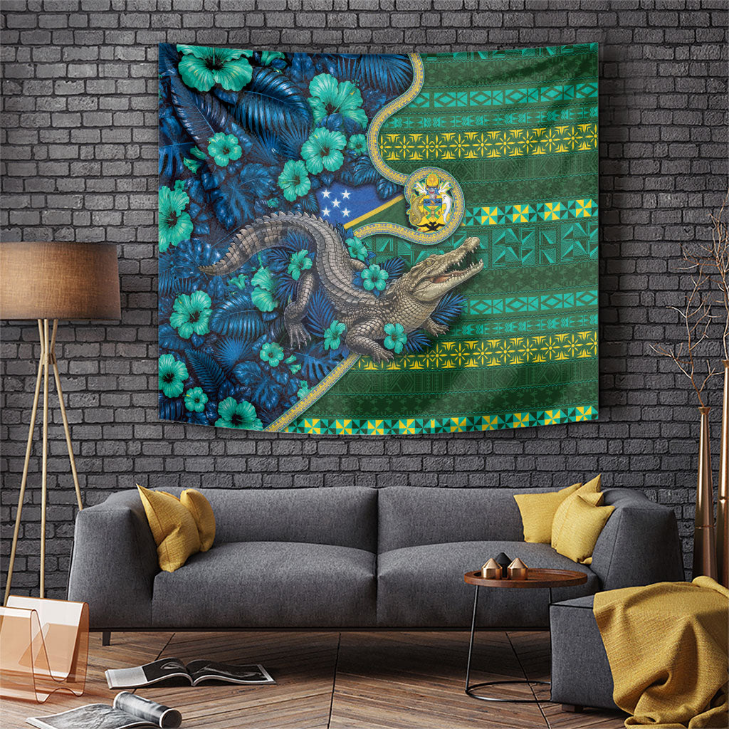 Solomon Islands Independence Day Tapestry Crocodile Hibiscus Tribal Pattern DT05 Green - Polynesian Pride