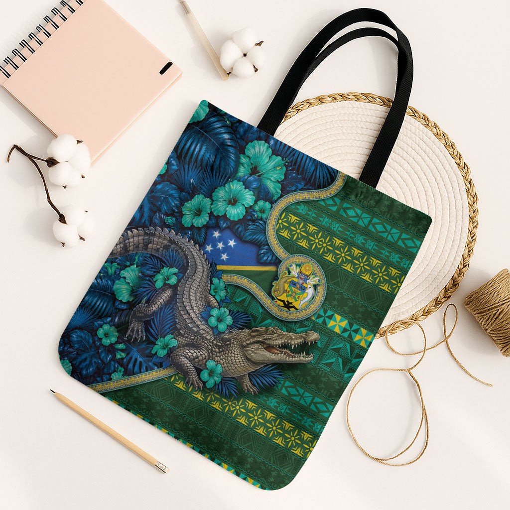 Solomon Islands Independence Day Tote Bag Crocodile Hibiscus Tribal Pattern DT05 Black Strap One Size Green - Polynesian Pride