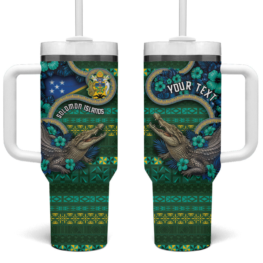 Personalised Solomon Islands Independence Day Tumbler With Handle Crocodile Hibiscus Tribal Pattern DT05 One Size: 40 oz Green - Polynesian Pride