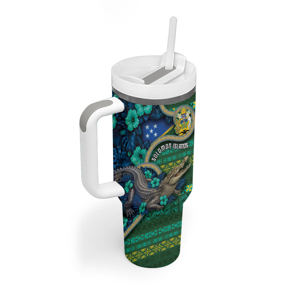 Personalised Solomon Islands Independence Day Tumbler With Handle Crocodile Hibiscus Tribal Pattern DT05 - Polynesian Pride