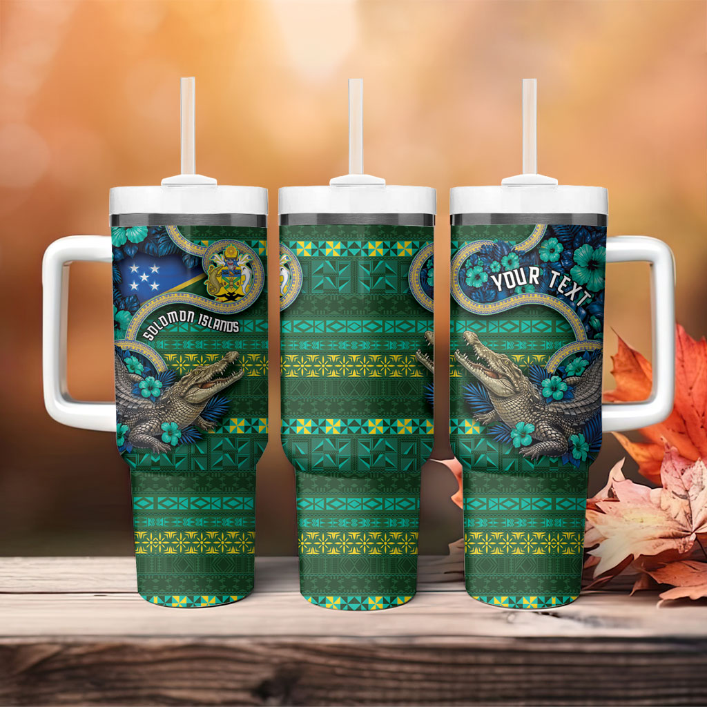 Personalised Solomon Islands Independence Day Tumbler With Handle Crocodile Hibiscus Tribal Pattern DT05 - Polynesian Pride