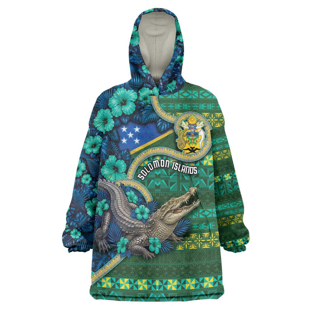 Personalised Solomon Islands Independence Day Wearable Blanket Hoodie Crocodile Hibiscus Tribal Pattern DT05 One Size Green - Polynesian Pride
