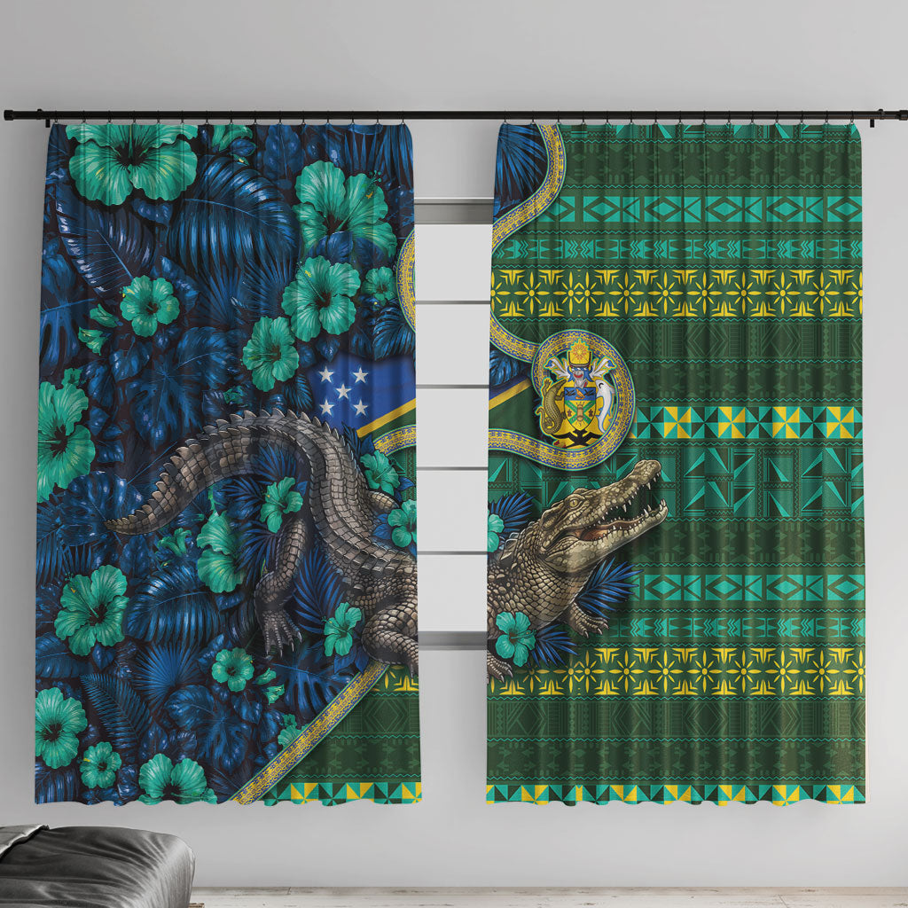 Solomon Islands Independence Day Window Curtain Crocodile Hibiscus Tribal Pattern DT05 With Hooks Green - Polynesian Pride