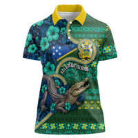 Personalised Solomon Islands Independence Day Women Polo Shirt Crocodile Hibiscus Tribal Pattern DT05 Female Green - Polynesian Pride