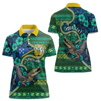 Personalised Solomon Islands Independence Day Women Polo Shirt Crocodile Hibiscus Tribal Pattern DT05 - Polynesian Pride