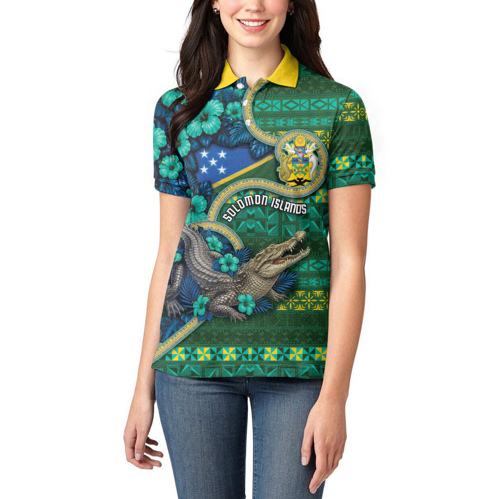 Personalised Solomon Islands Independence Day Women Polo Shirt Crocodile Hibiscus Tribal Pattern DT05 - Polynesian Pride