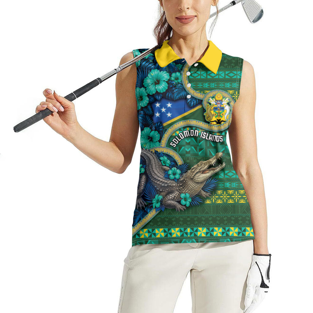 Personalised Solomon Islands Independence Day Women Sleeveless Polo Shirt Crocodile Hibiscus Tribal Pattern DT05 - Polynesian Pride