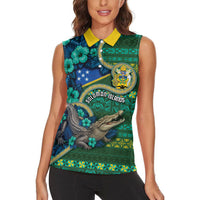 Personalised Solomon Islands Independence Day Women Sleeveless Polo Shirt Crocodile Hibiscus Tribal Pattern DT05 - Polynesian Pride
