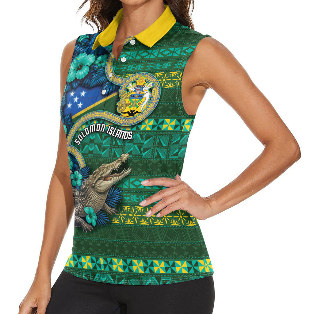 Personalised Solomon Islands Independence Day Women Sleeveless Polo Shirt Crocodile Hibiscus Tribal Pattern DT05 - Polynesian Pride
