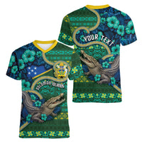 Personalised Solomon Islands Independence Day Women V-Neck T-Shirt Crocodile Hibiscus Tribal Pattern DT05 - Polynesian Pride