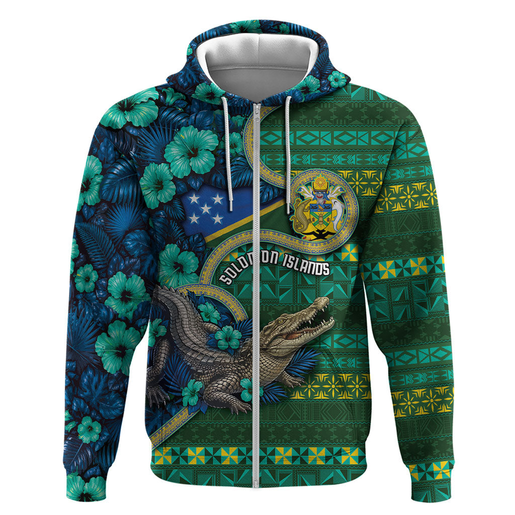 Personalised Solomon Islands Independence Day Zip Hoodie Crocodile Hibiscus Tribal Pattern DT05 Zip Hoodie Green - Polynesian Pride