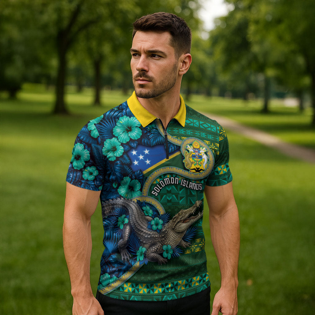 Personalised Solomon Islands Independence Day Zipper Polo Shirt Crocodile Hibiscus Tribal Pattern DT05 - Polynesian Pride
