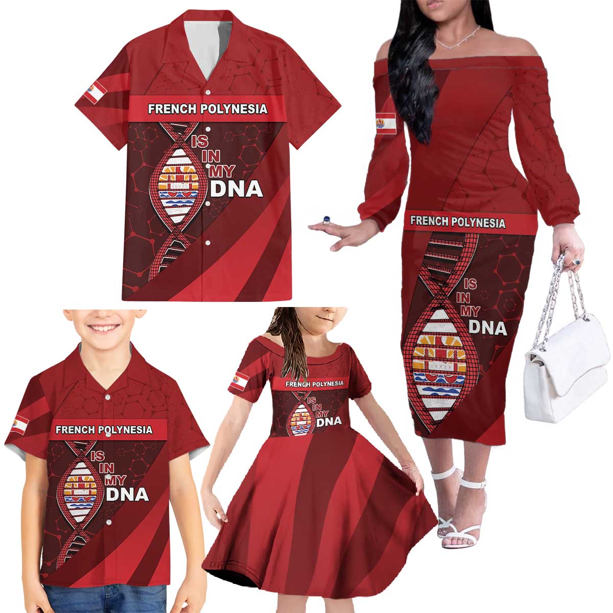 French Polynesia Is In My DNA Family Matching Off The Shoulder Long Sleeve Dress and Hawaiian Shirt DT05 - Polynesian Pride