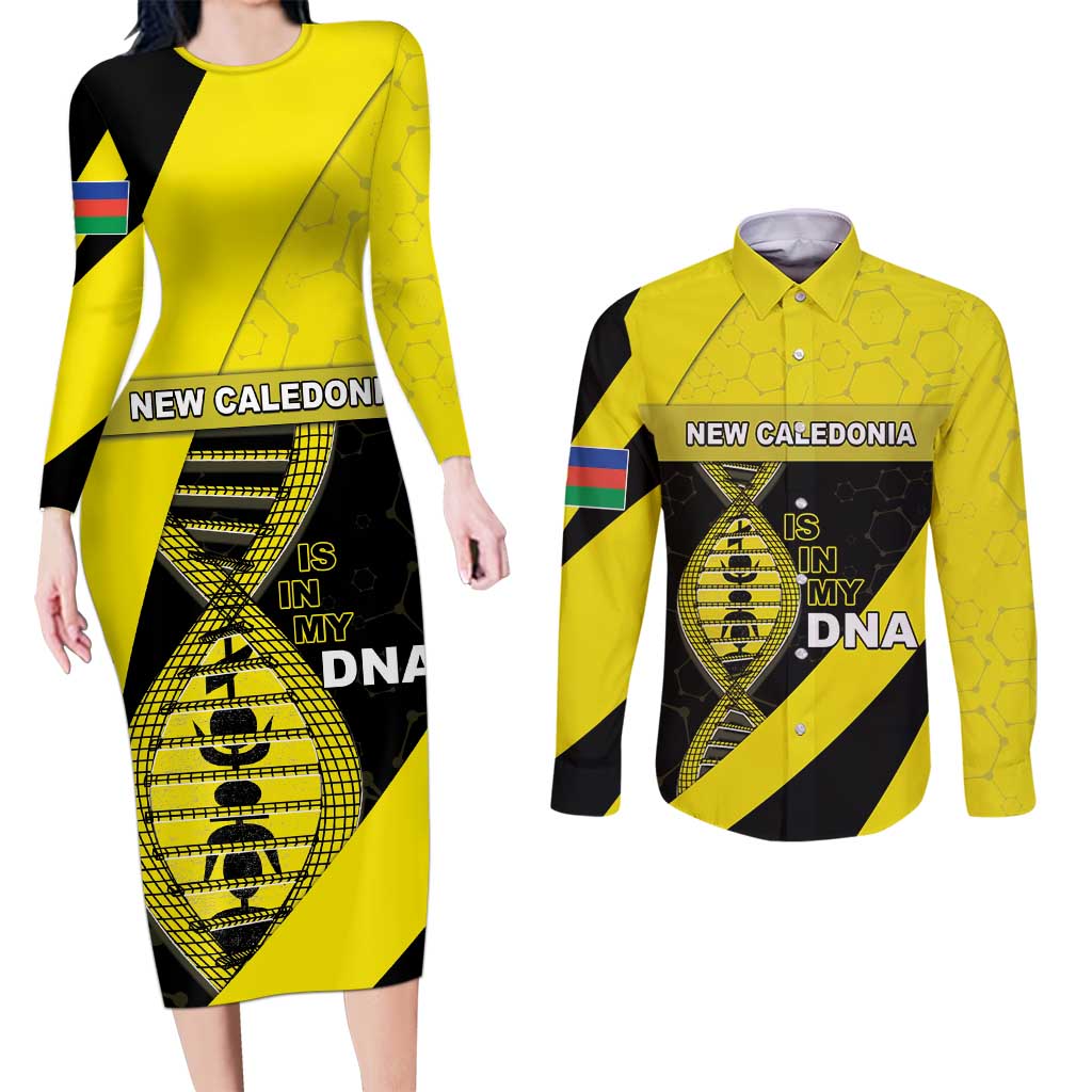 New Caledonia Is In My DNA Couples Matching Long Sleeve Bodycon Dress and Long Sleeve Button Shirt DT05 Yellow - Polynesian Pride