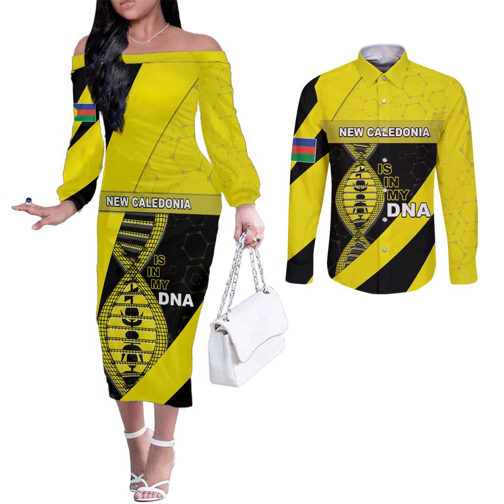 New Caledonia Is In My DNA Couples Matching Off The Shoulder Long Sleeve Dress and Long Sleeve Button Shirt DT05 Yellow - Polynesian Pride