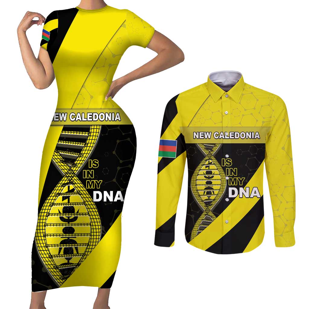 New Caledonia Is In My DNA Couples Matching Short Sleeve Bodycon Dress and Long Sleeve Button Shirt DT05 Yellow - Polynesian Pride