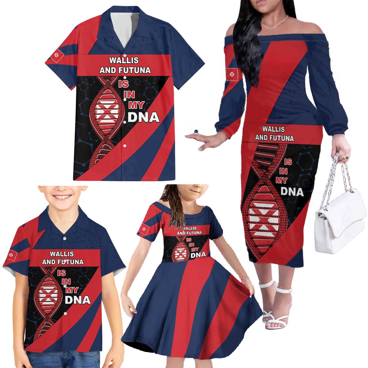 Wallis And Futuna Is In My DNA Family Matching Off The Shoulder Long Sleeve Dress and Hawaiian Shirt DT05 - Polynesian Pride