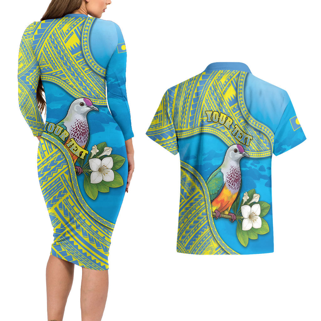 Personalised Palau Biib Bird Couples Matching Long Sleeve Bodycon Dress and Hawaiian Shirt Rur Flower And Rock Islands Patterns