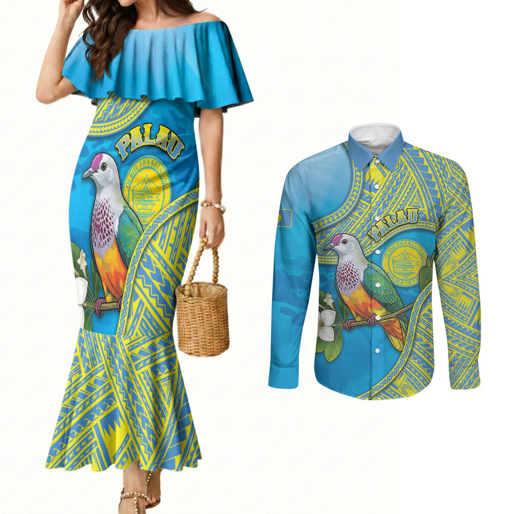 Personalised Palau Biib Bird Couples Matching Mermaid Dress and Long Sleeve Button Shirt Rur Flower And Rock Islands Patterns DT05 Blue - Polynesian Pride