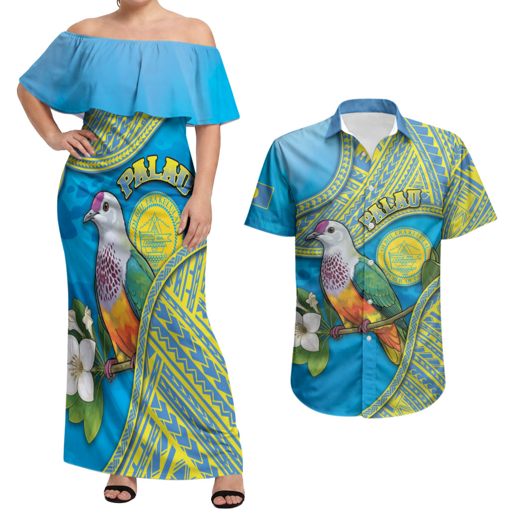 Personalised Palau Biib Bird Couples Matching Off Shoulder Maxi Dress and Hawaiian Shirt Rur Flower And Rock Islands Patterns DT05 Blue - Polynesian Pride