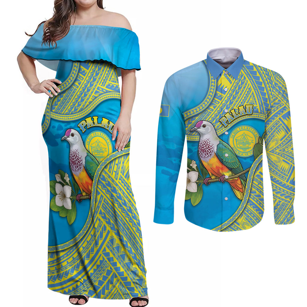 Personalised Palau Biib Bird Couples Matching Off Shoulder Maxi Dress and Long Sleeve Button Shirt Rur Flower And Rock Islands Patterns DT05 Blue - Polynesian Pride