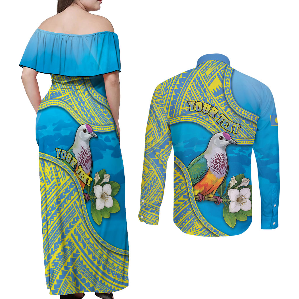Personalised Palau Biib Bird Couples Matching Off Shoulder Maxi Dress and Long Sleeve Button Shirt Rur Flower And Rock Islands Patterns DT05 - Polynesian Pride