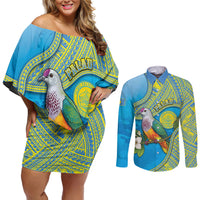 Personalised Palau Biib Bird Couples Matching Off Shoulder Short Dress and Long Sleeve Button Shirt Rur Flower And Rock Islands Patterns DT05 Blue - Polynesian Pride