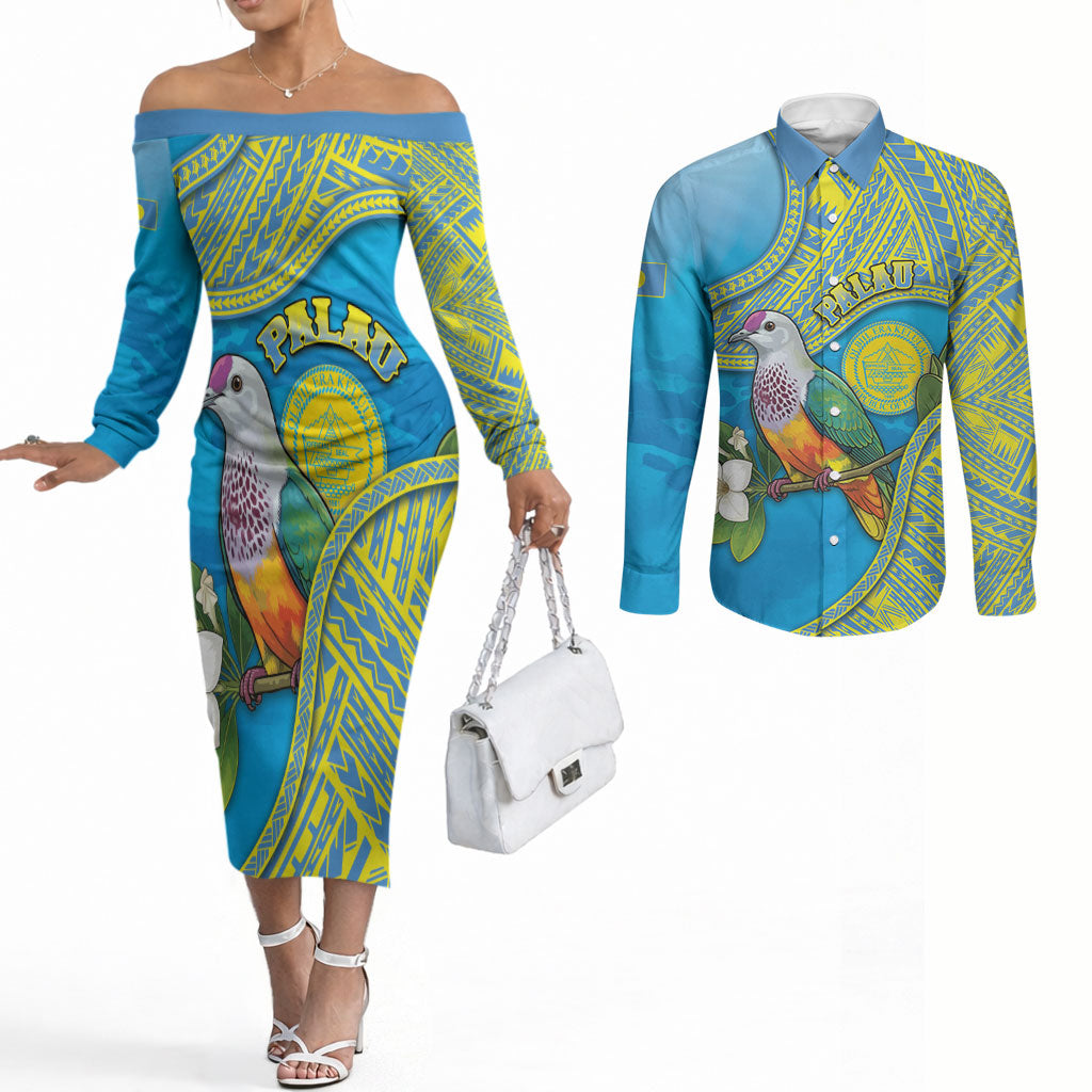 Personalised Palau Biib Bird Couples Matching Off The Shoulder Long Sleeve Dress and Long Sleeve Button Shirt Rur Flower And Rock Islands Patterns DT05 Blue - Polynesian Pride