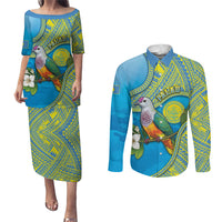 Personalised Palau Biib Bird Couples Matching Puletasi and Long Sleeve Button Shirt Rur Flower And Rock Islands Patterns DT05 Blue - Polynesian Pride