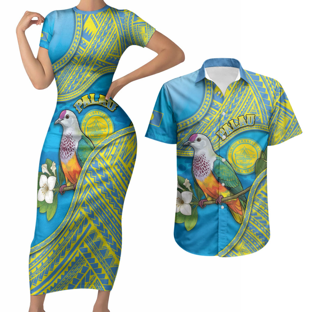 Personalised Palau Biib Bird Couples Matching Short Sleeve Bodycon Dress and Hawaiian Shirt Rur Flower And Rock Islands Patterns DT05 Blue - Polynesian Pride