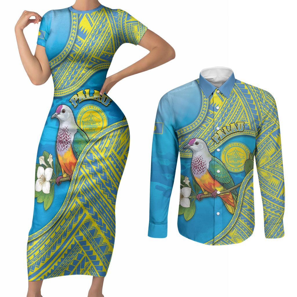 Personalised Palau Biib Bird Couples Matching Short Sleeve Bodycon Dress and Long Sleeve Button Shirt Rur Flower And Rock Islands Patterns DT05 Blue - Polynesian Pride
