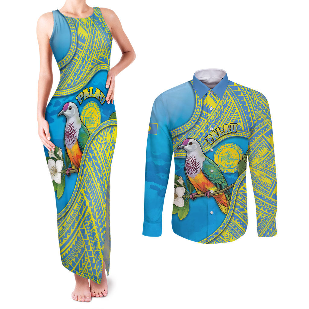 Personalised Palau Biib Bird Couples Matching Tank Maxi Dress and Long Sleeve Button Shirt Rur Flower And Rock Islands Patterns DT05 Blue - Polynesian Pride