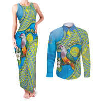 Personalised Palau Biib Bird Couples Matching Tank Maxi Dress and Long Sleeve Button Shirt Rur Flower And Rock Islands Patterns DT05 Blue - Polynesian Pride