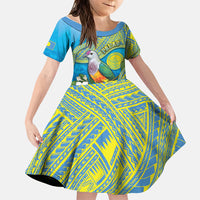 Personalised Palau Biib Bird Family Matching Long Sleeve Bodycon Dress and Hawaiian Shirt Rur Flower And Rock Islands Patterns DT05 Daughter's Dress Blue - Polynesian Pride