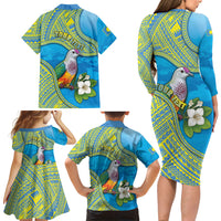 Personalised Palau Biib Bird Family Matching Long Sleeve Bodycon Dress and Hawaiian Shirt Rur Flower And Rock Islands Patterns DT05 - Polynesian Pride
