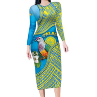 Personalised Palau Biib Bird Family Matching Long Sleeve Bodycon Dress and Hawaiian Shirt Rur Flower And Rock Islands Patterns DT05 Mom's Dress Blue - Polynesian Pride