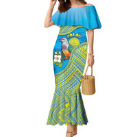 Personalised Palau Biib Bird Family Matching Mermaid Dress and Hawaiian Shirt Rur Flower And Rock Islands Patterns DT05 Mom's Dress Blue - Polynesian Pride