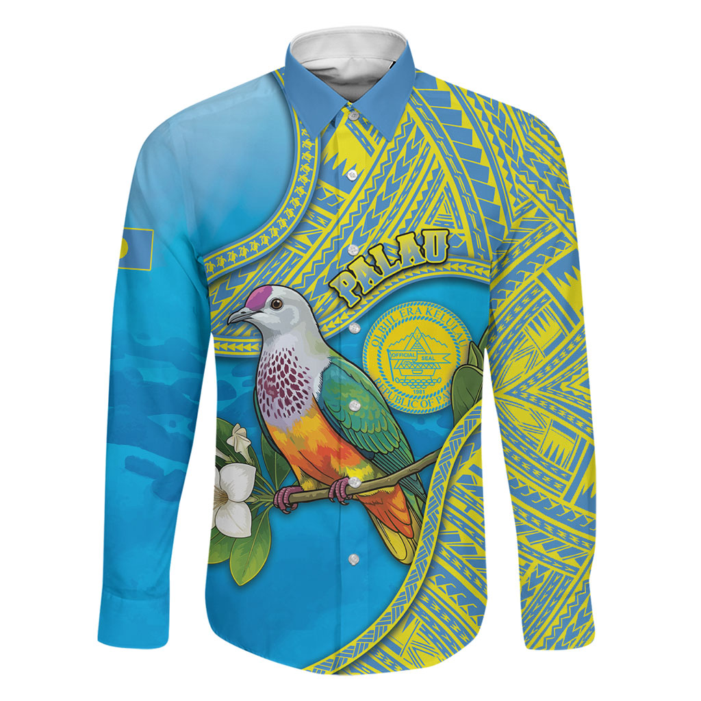 Personalised Palau Biib Bird Family Matching Off The Shoulder Long Sleeve Dress and Hawaiian Shirt Rur Flower And Rock Islands Patterns DT05 Dad's Shirt - Long Sleeve Blue - Polynesian Pride